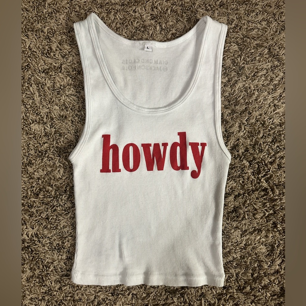 White Ribbed Tank Top with Red "howdy" Graphic